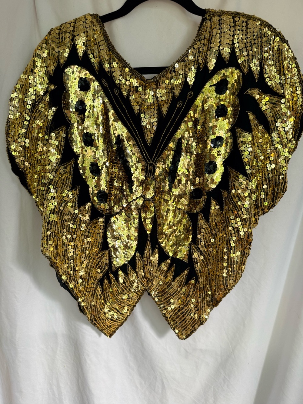 VINTAGE Gold Sequin Butterfly V-Neck Blouse - Picture 6 of 7